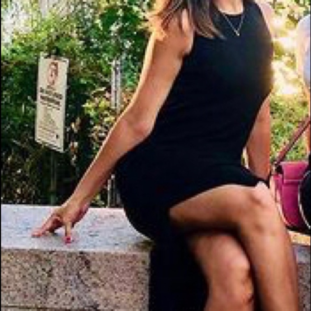 Black midi sleeveless rib knit dress side slits